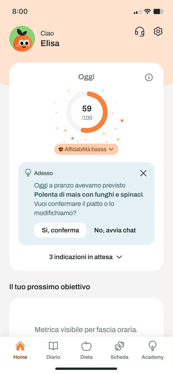 Schermata dell'app: le azioni quotidiane da confermare