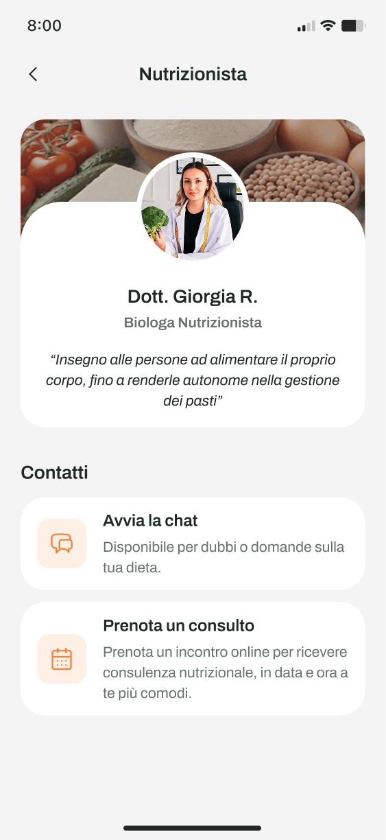 Schermata dell'app: il nutrizionista dedicato e la chat