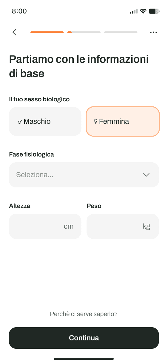 Schermata dell'app: questionario iniziale